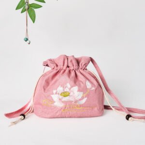 Embroidered Light Pink Lotus Cotton Linen Crossbody Bag Shoulder Bag