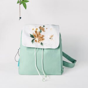 Handmade Green Peony Flowers Embroidered Large Capacity Canvas Backpack