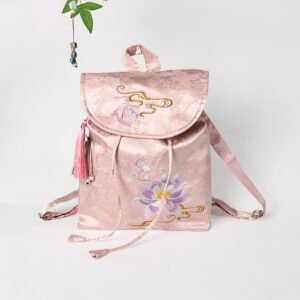 Handmade Pink Lotus Embroidered Large Capacity Polyester Cotton Backpack