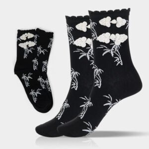 Chinese Frog-Button Design Jacquard Bamboo Pattern Micro Crew Women's Socks
