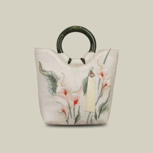Calla Lily Embroidered Tote Bag with Vintage Green Acrylic Handle