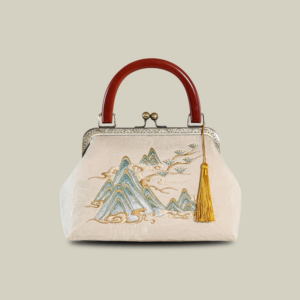 Mountain Mist Embroidered White Handbag with Vintage Metal Kiss-Lock