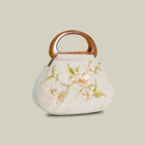 Flowering Crabapple White Embroidered Handbag with Wooden Handle